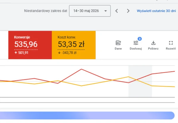 Ten sam panel po miesiącu prowadzenia kampanii przez Velads — koszt konwersji 53,35 zł