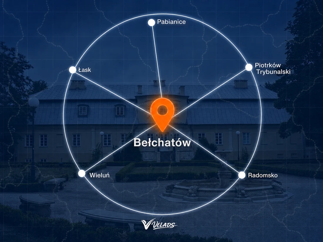 Mapa zasięgu Velads — Bełchatów i okolice: Pabianice, Piotrków Trybunalski, Radomsko, Wieluń, Łask