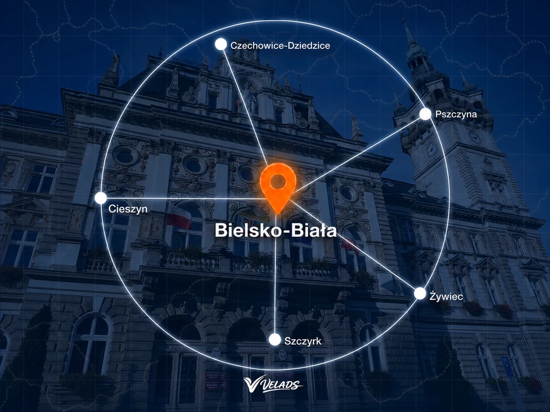 Mapa zasięgu Velads — Bielsko-Biała i okolice: Czechowice-Dziedzice, Pszczyna, Żywiec, Szczyrk, Cieszyn