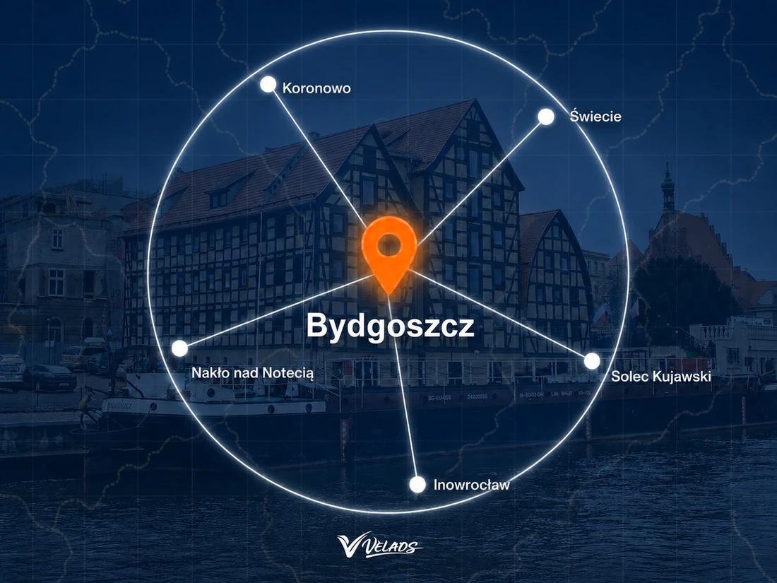 Mapa zasięgu Velads — Bydgoszcz i okolice: Koronowo, Świecie, Solec Kujawski, Inowrocław, Nakło nad Notecią