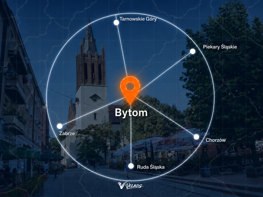 Mapa zasięgu Velads — Bytom i okolice: Tarnowskie Góry, Piekary Śląskie, Chorzów, Ruda Śląska, Zabrze