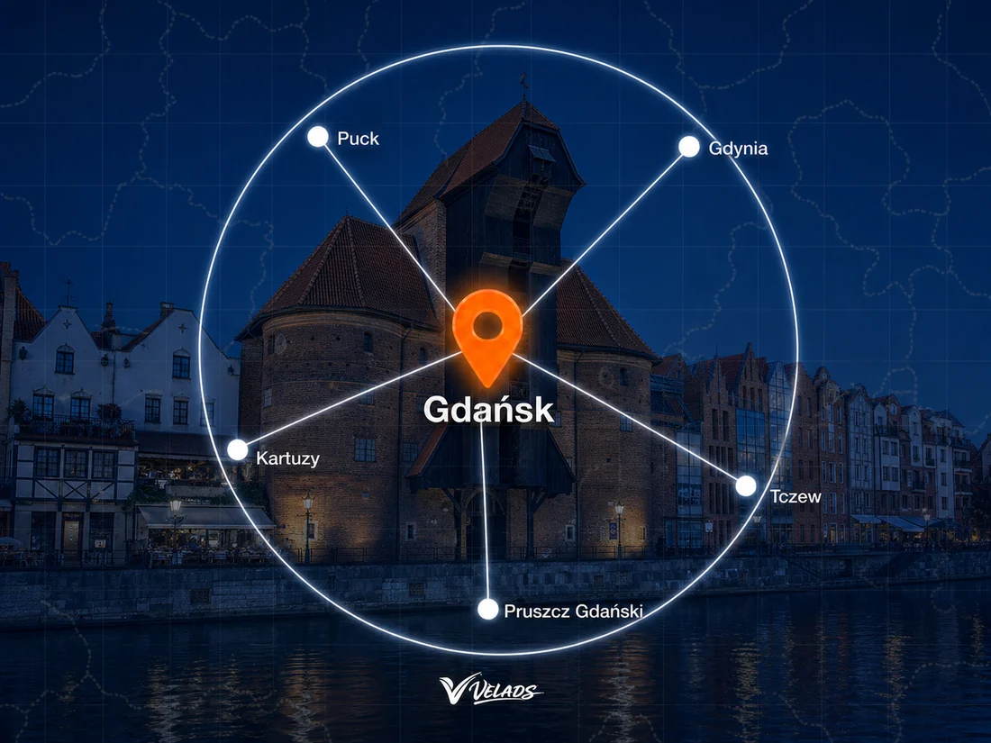 Mapa zasięgu Velads — Gdańsk i okolice: Pruszcz Gdański, Żukowo, Kolbudy, Cedry Wielkie, Sopot
