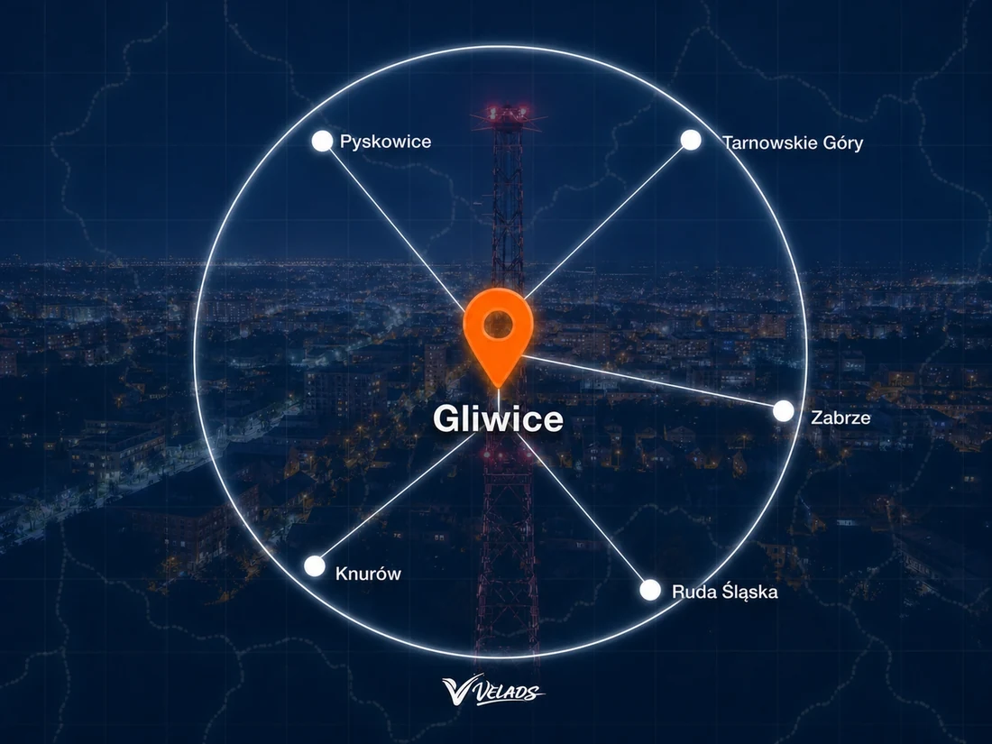 Mapa zasięgu Velads — Gliwice i okolice: Pyskowice, Tarnowskie Góry, Zabrze, Ruda Śląska, Knurów