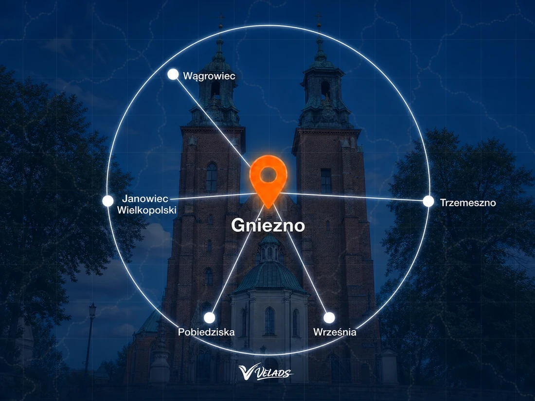 Mapa zasięgu Velads — Gniezno i okolice: Wągrowiec, Janowiec Wielkopolski, Trzemeszno, Września, Pobiedziska