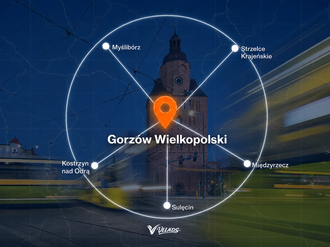 Mapa zasięgu Velads — Gorzów Wielkopolski i okolice: Myślibórz, Strzelce Krajeńskie, Międzyrzecz, Sulęcin, Kostrzyn nad Odrą