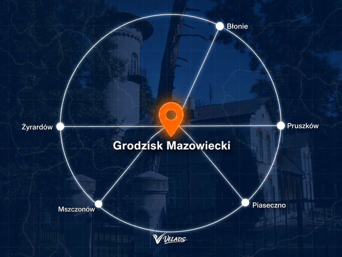 Mapa zasięgu Velads — Grodzisk Mazowiecki i okolice: Błonie, Pruszków, Piaseczno, Mszczonów, Żyrardów