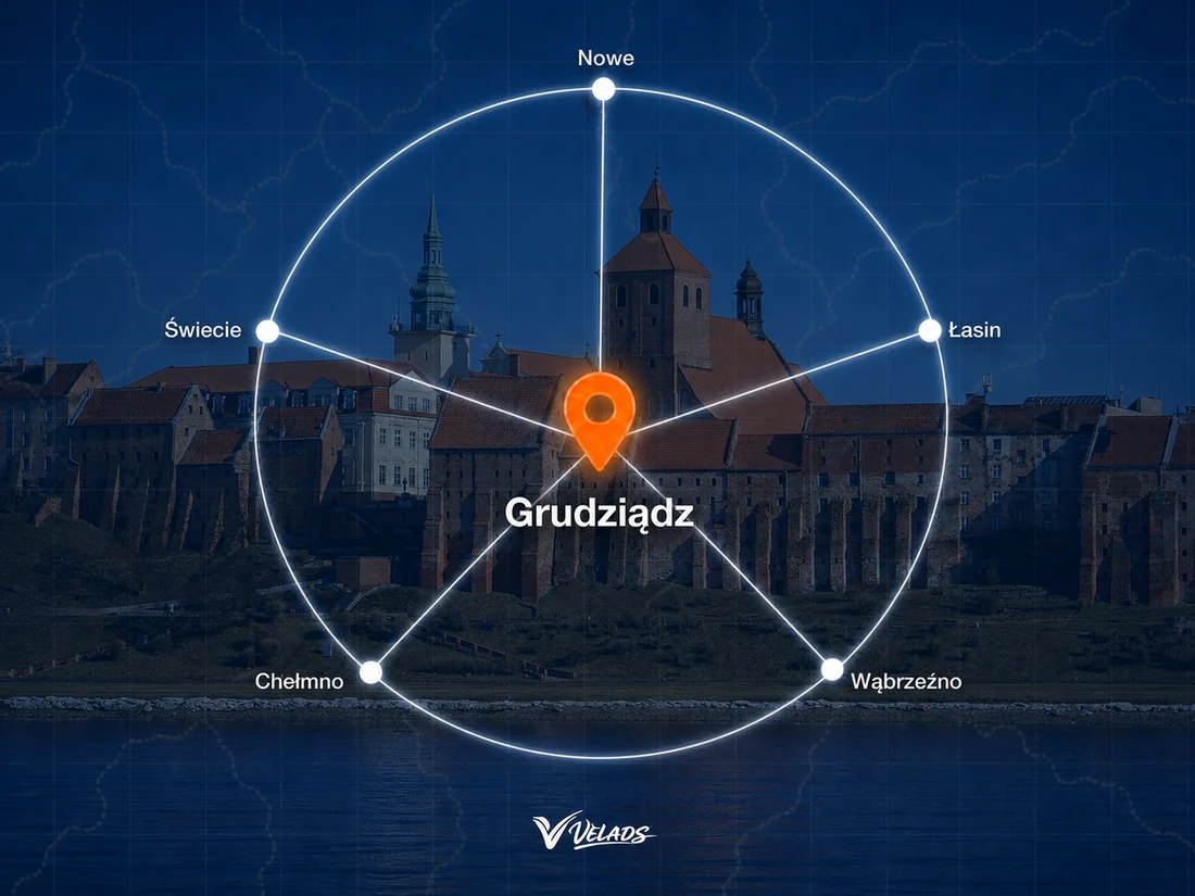 Mapa zasięgu Velads — Grudziądz i okolice: Nowe, Łasin, Wąbrzeźno, Chełmno, Świecie