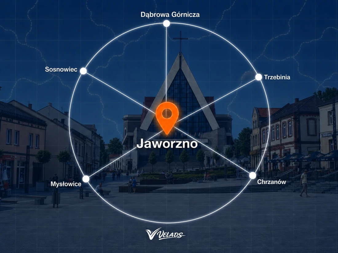 Mapa zasięgu Velads — Jaworzno i okolice: Sosnowiec, Dąbrowa Górnicza, Trzebinia, Chrzanów, Mysłowice