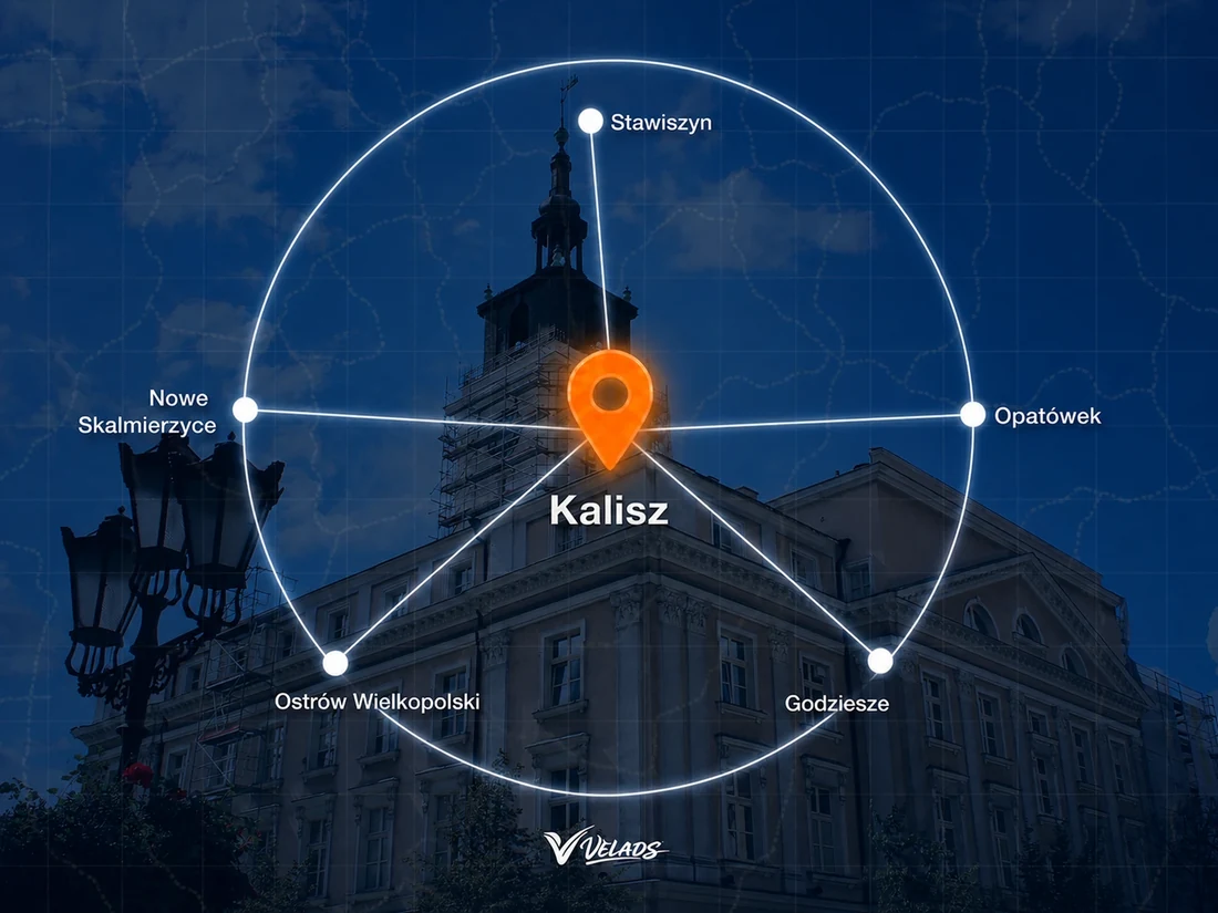 Mapa zasięgu Velads — Kalisz i okolice: Stawiszyn, Opatówek, Godziesze, Ostrów Wielkopolski, Nowe Skalmierzyce