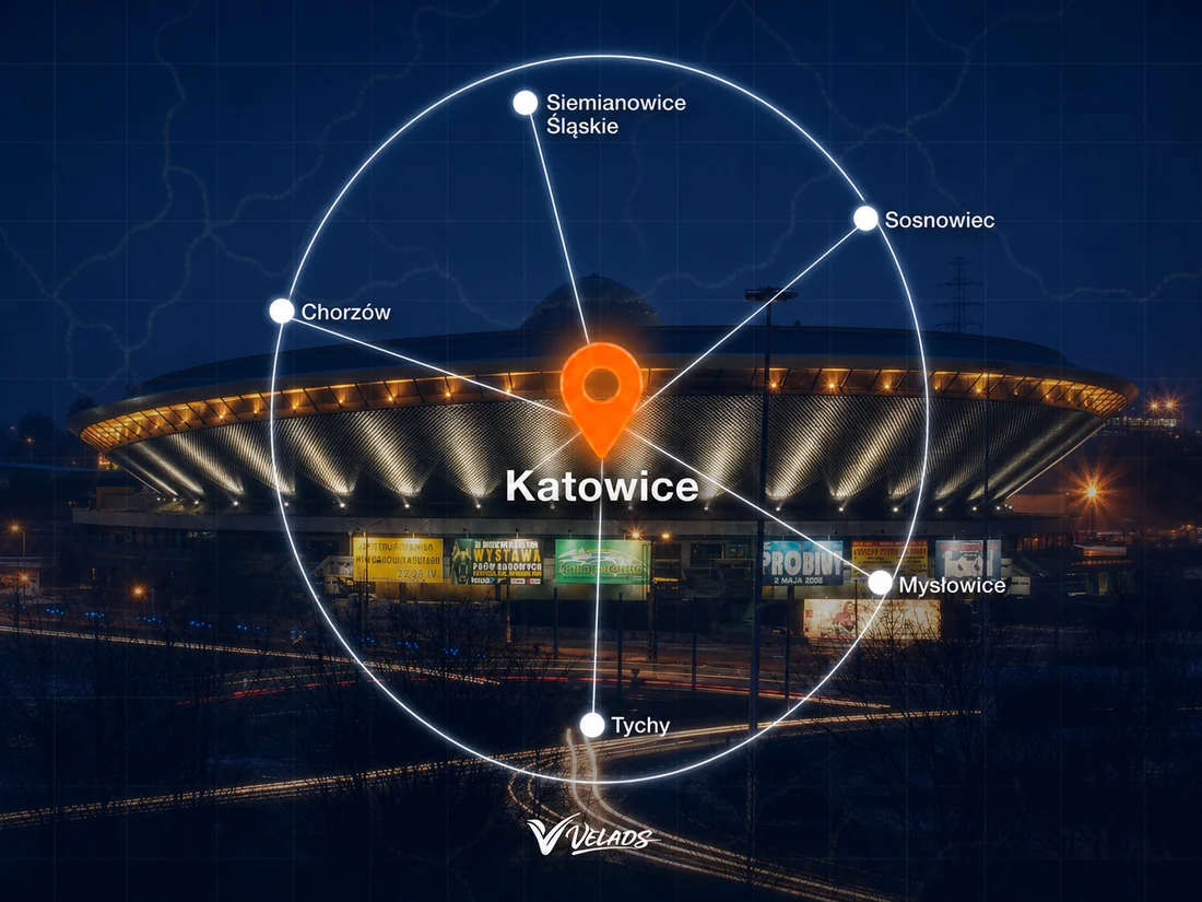 Mapa zasięgu Velads — Katowice i okolice: Chorzów, Siemianowice Śląskie, Mysłowice, Tychy, Sosnowiec
