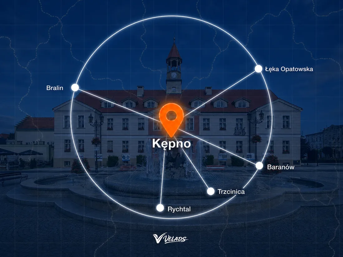 Mapa zasięgu Velads — Kępno i okolice: Bralin, Łęka Opatowska, Baranów, Trzcinica, Rychtal