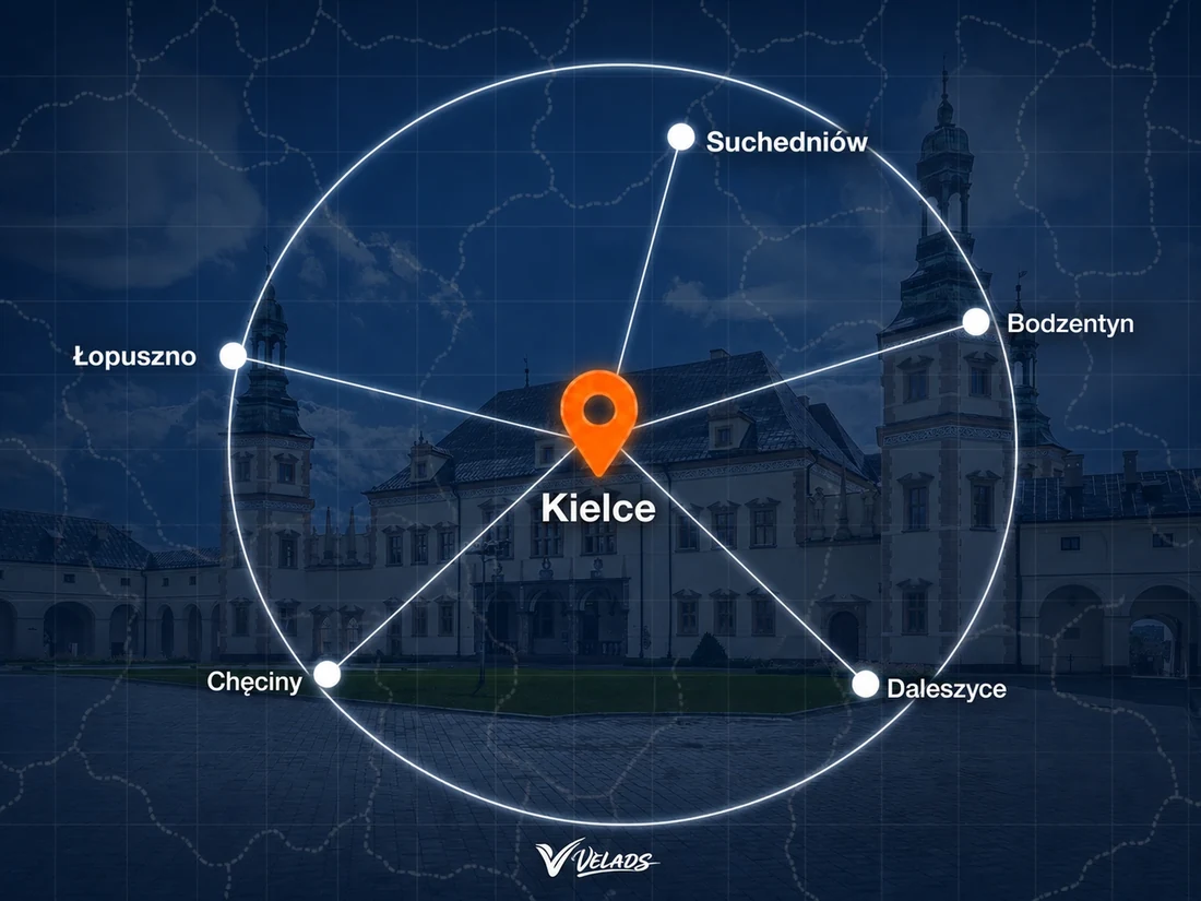 Mapa zasięgu Velads — Kielce i okolice: Suchedniów, Bodzentyn, Daleszyce, Chęciny, Łopuszno
