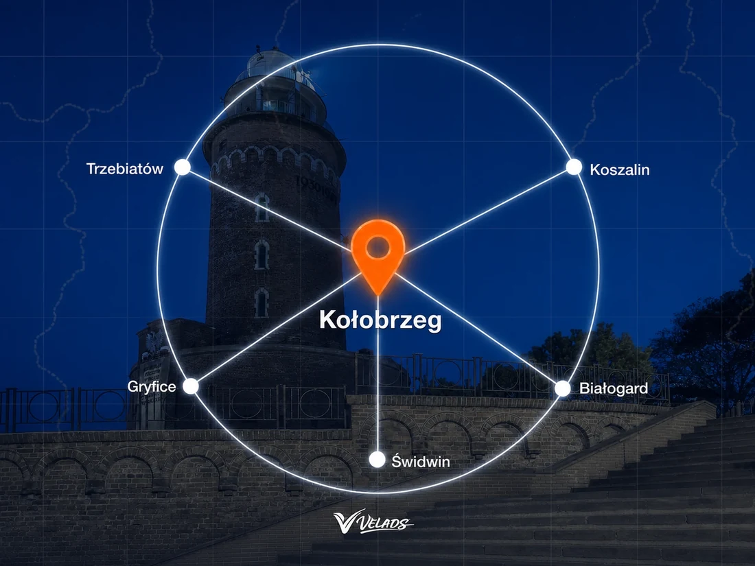 Mapa zasięgu Velads — Kołobrzeg i okolice: Koszalin, Białogard, Świdwin, Gryfice, Trzebiatów