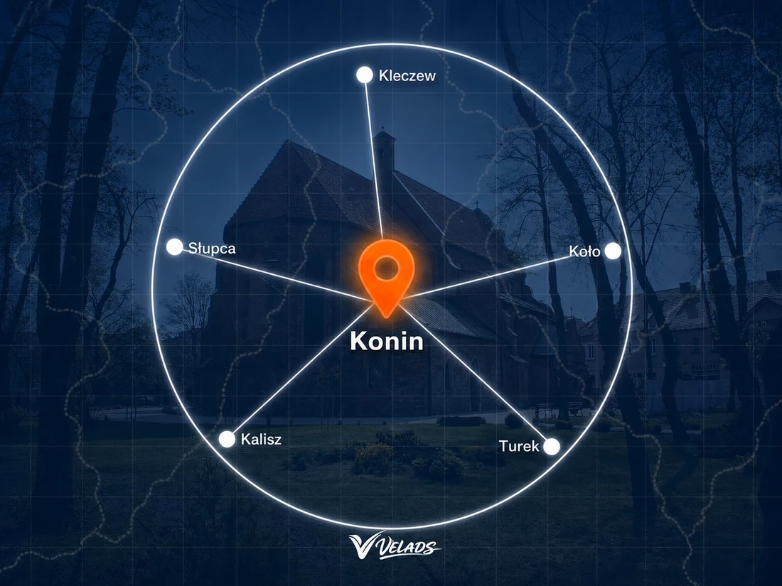 Mapa zasięgu Velads — Konin i okolice: Kleczew, Koło, Turek, Kalisz, Słupca
