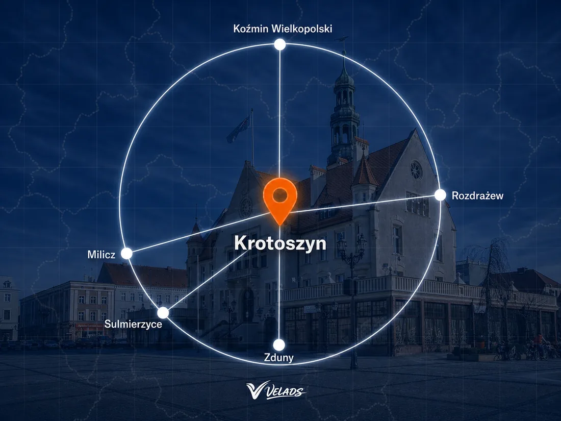 Mapa zasięgu Velads — Krotoszyn i okolice: Koźmin Wielkopolski, Rozdrażew, Zduny, Sulmierzyce, Milicz