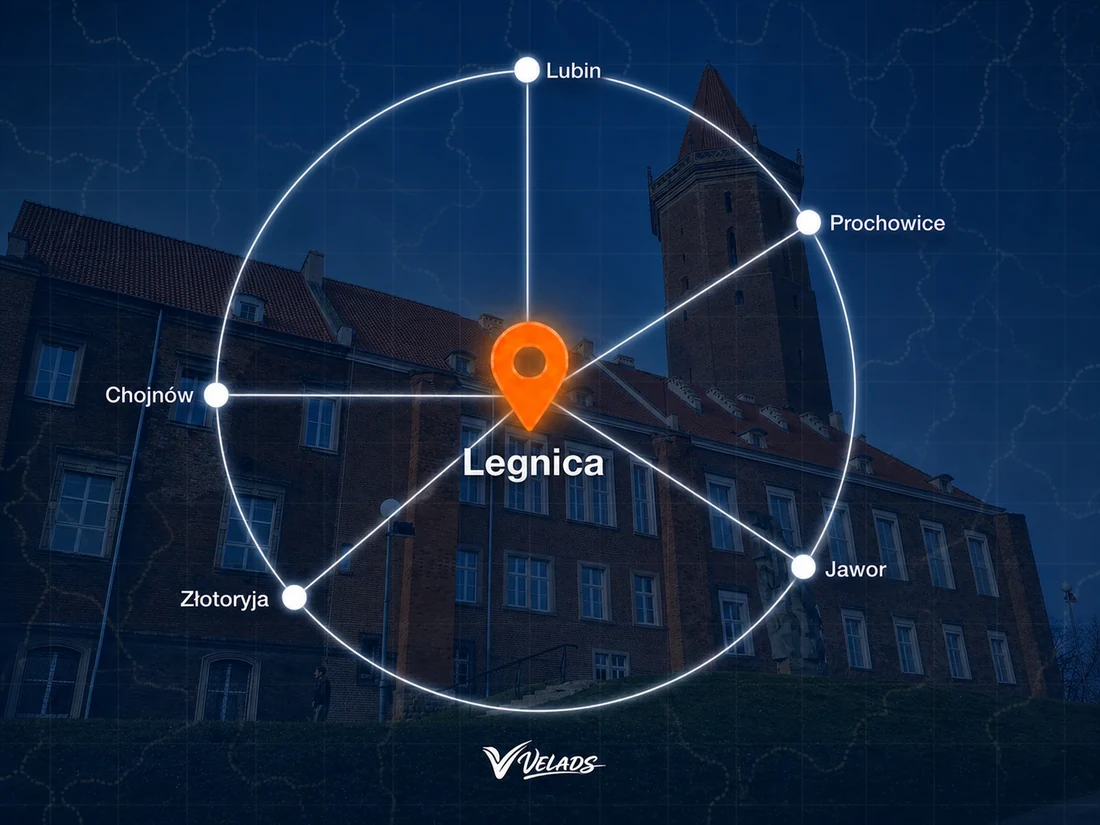 Mapa zasięgu Velads — Legnica i okolice: Lubin, Prochowice, Jawor, Złotoryja, Chojnów
