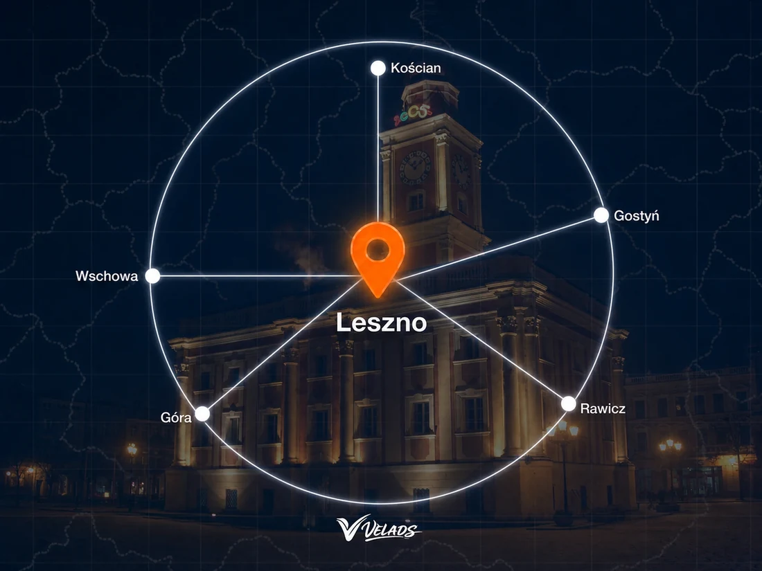 Mapa zasięgu Velads — Leszno i okolice: Kościan, Gostyń, Rawicz, Góra, Wschowa