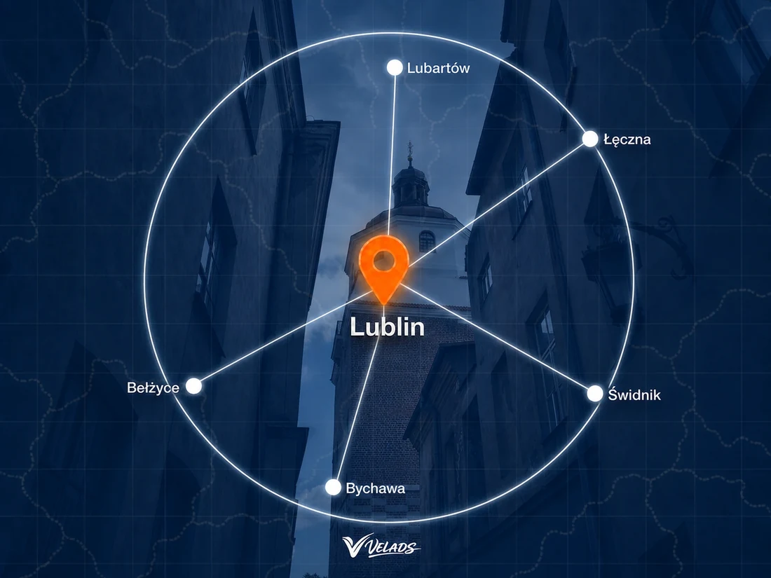 Mapa zasięgu Velads — Lublin i okolice: Lubartów, Łęczna, Świdnik, Bychawa, Bełżyce