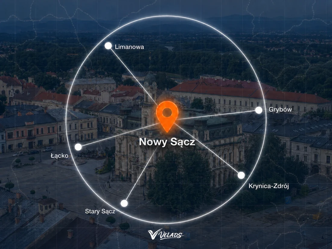 Mapa zasięgu Velads — Nowy Sącz i okolice: Limanowa, Grybów, Krynica-Zdrój, Stary Sącz, Łącko