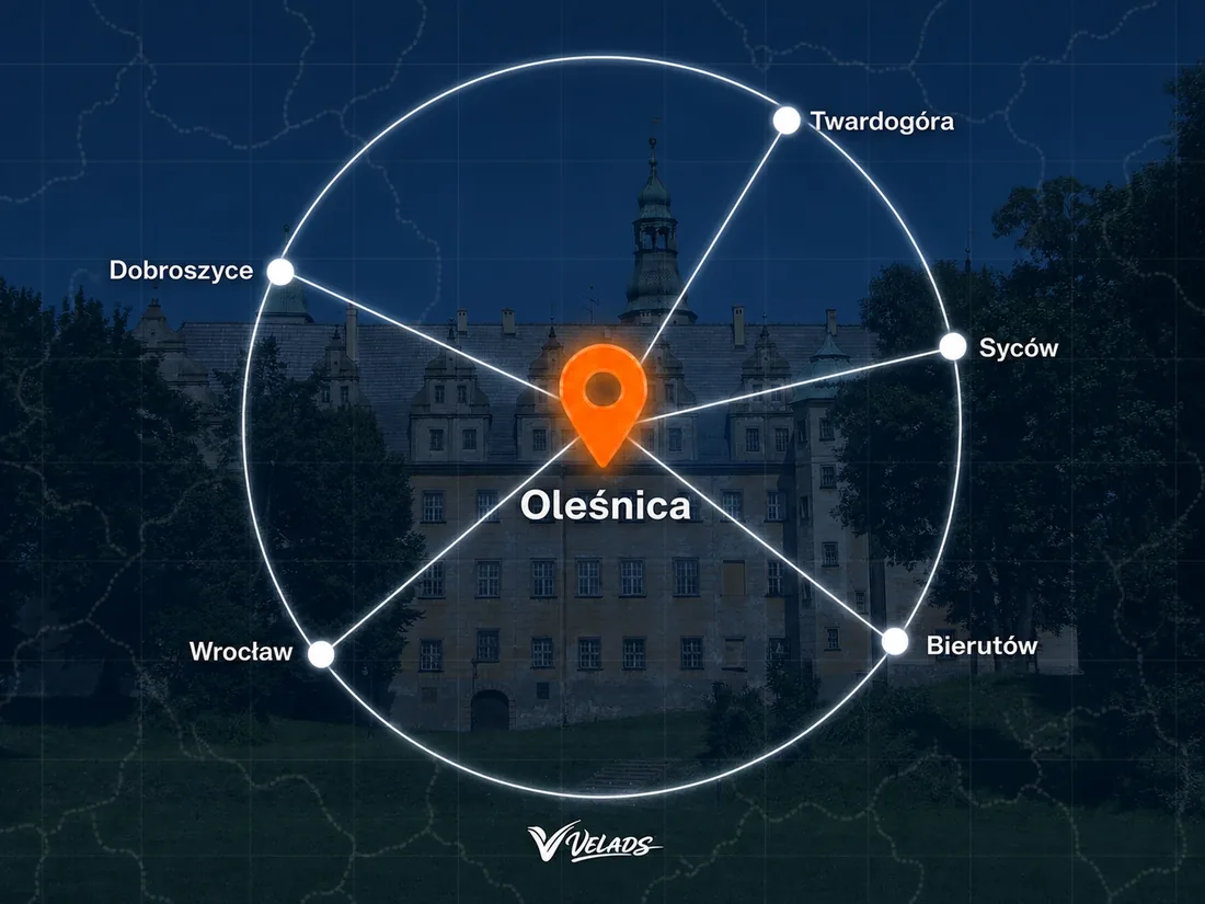 Mapa zasięgu Velads — Oleśnica i okolice: Twardogóra, Syców, Bierutów, Dobroszyce, Długołęka