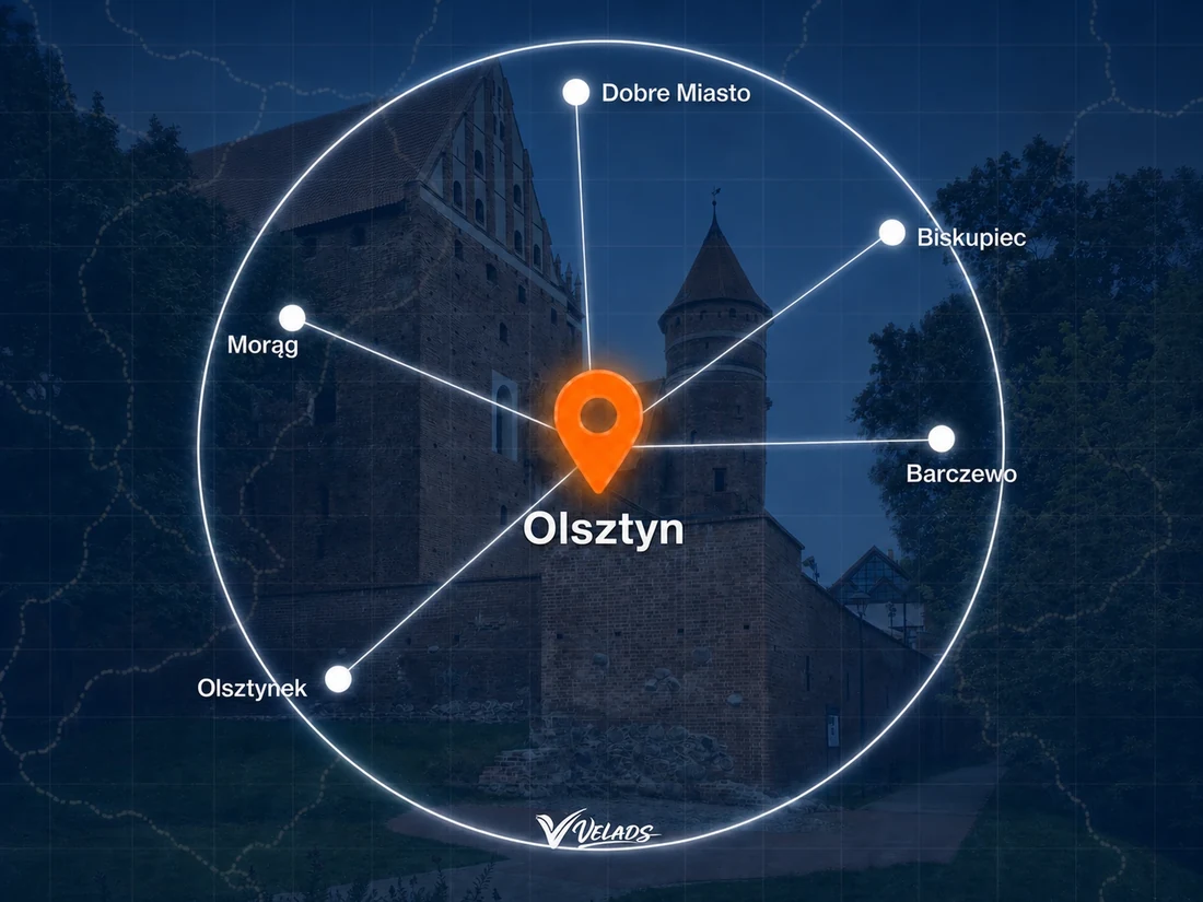 Mapa zasięgu Velads — Olsztyn i okolice: Dobre Miasto, Biskupiec, Barczewo, Olsztynek, Morąg