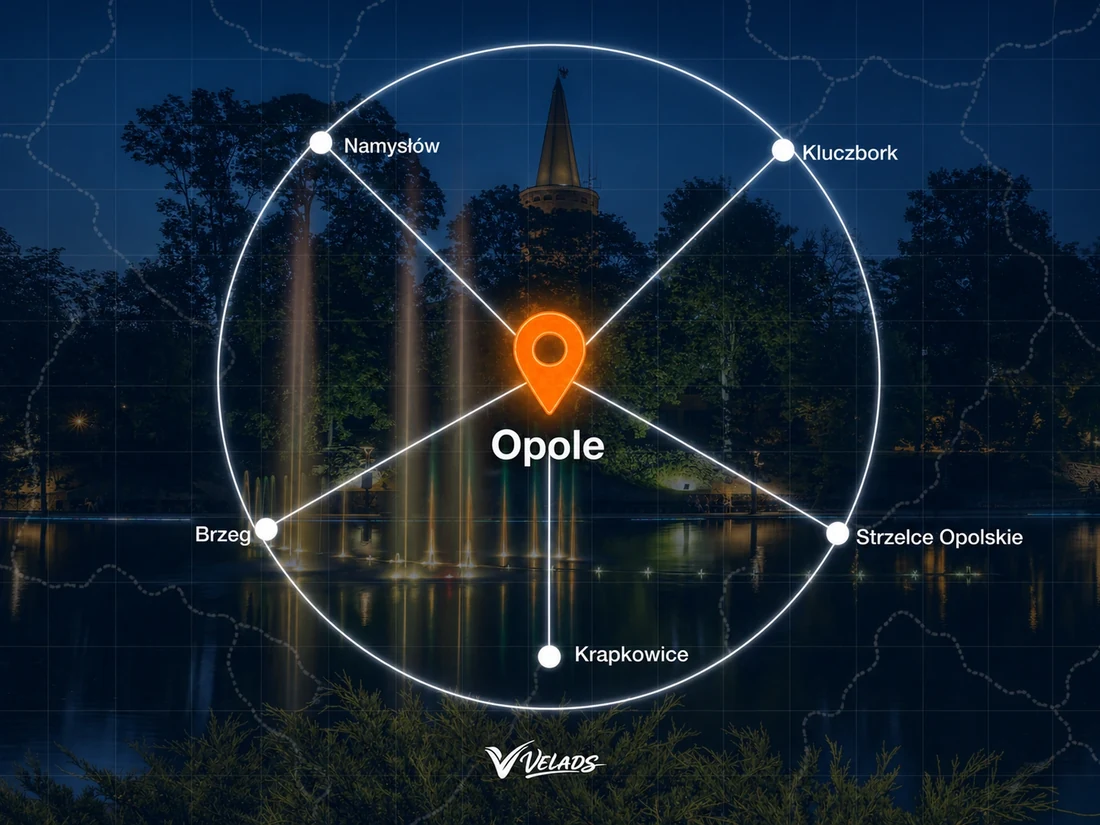 Mapa zasięgu Velads — Opole i okolice: Namysłów, Kluczbork, Strzelce Opolskie, Krapkowice, Brzeg