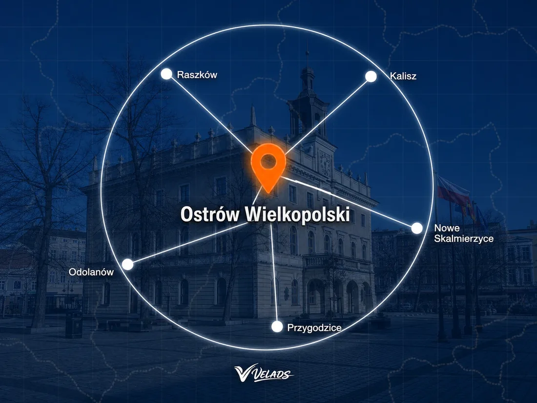 Mapa zasięgu Velads — Ostrów Wielkopolski i okolice: Raszków, Nowe Skalmierzyce, Przygodzice, Odolanów, Sieroszewice