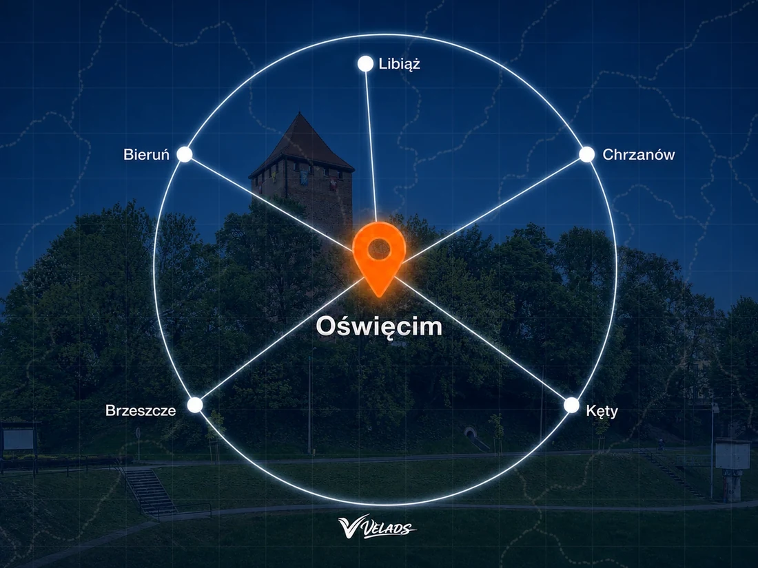 Mapa zasięgu Velads — Oświęcim i okolice: Libiąż, Chrzanów, Kęty, Brzeszcze, Bieruń