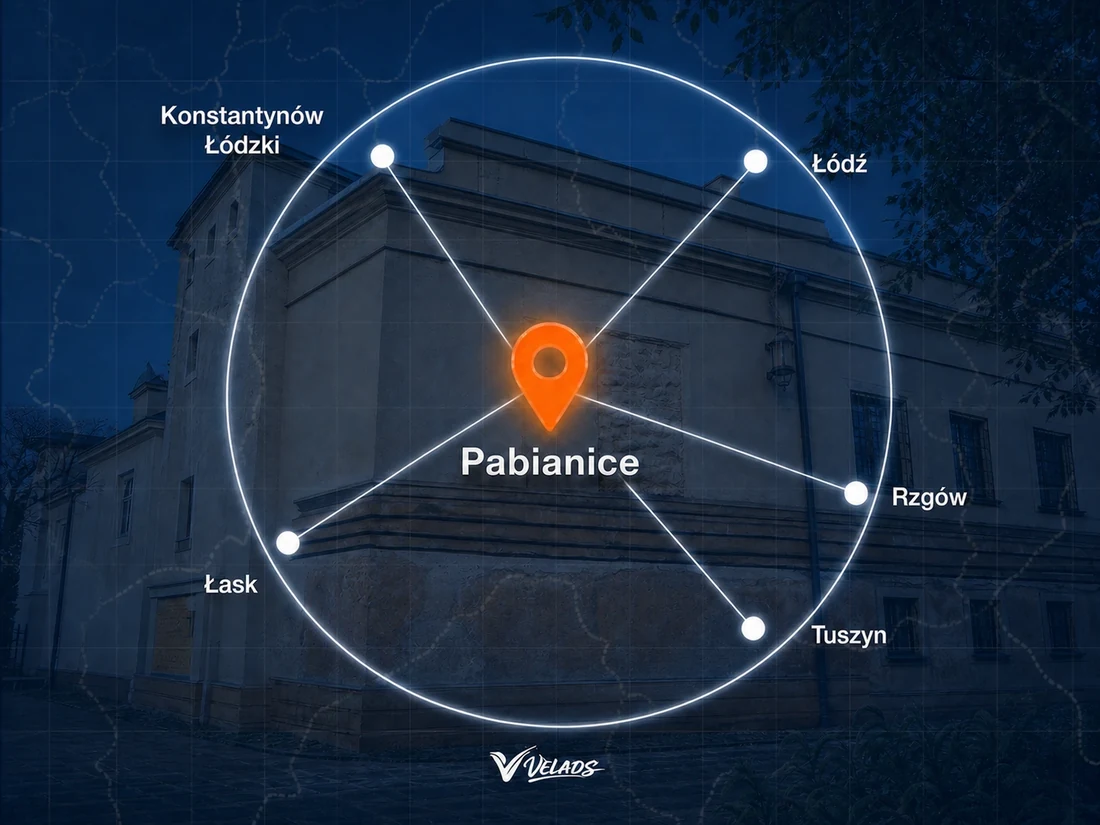 Mapa zasięgu Velads — Pabianice i okolice: Konstantynów Łódzki, Łódź, Rzgów, Tuszyn, Łask