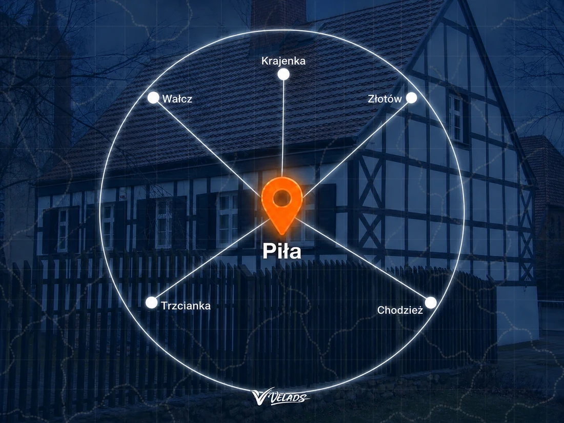 Mapa zasięgu Velads — Piła i okolice: Wałcz, Krajenka, Złotów, Chodzież, Trzcianka