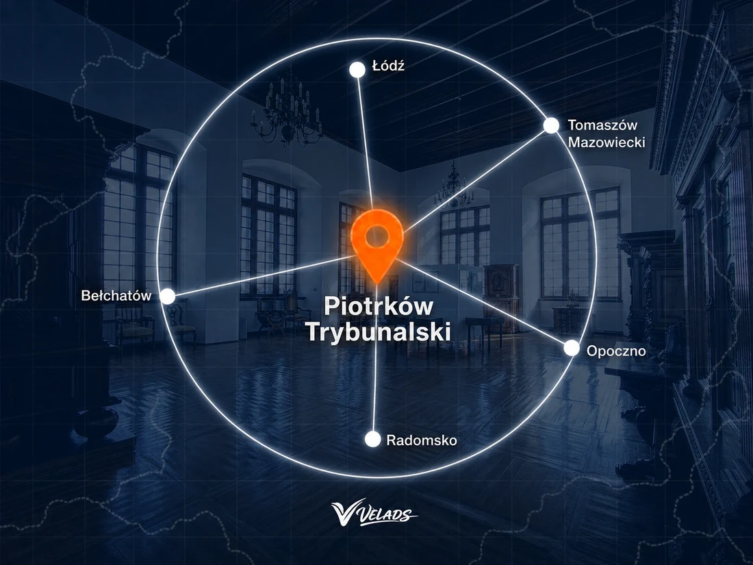 Mapa zasięgu Velads — Piotrków Trybunalski i okolice: Łódź, Tomaszów Mazowiecki, Opoczno, Radomsko, Bełchatów