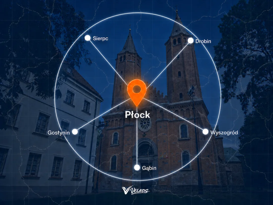 Mapa zasięgu Velads — Płock i okolice: Gostynin, Sierpc, Wyszogród, Gąbin, Drobin