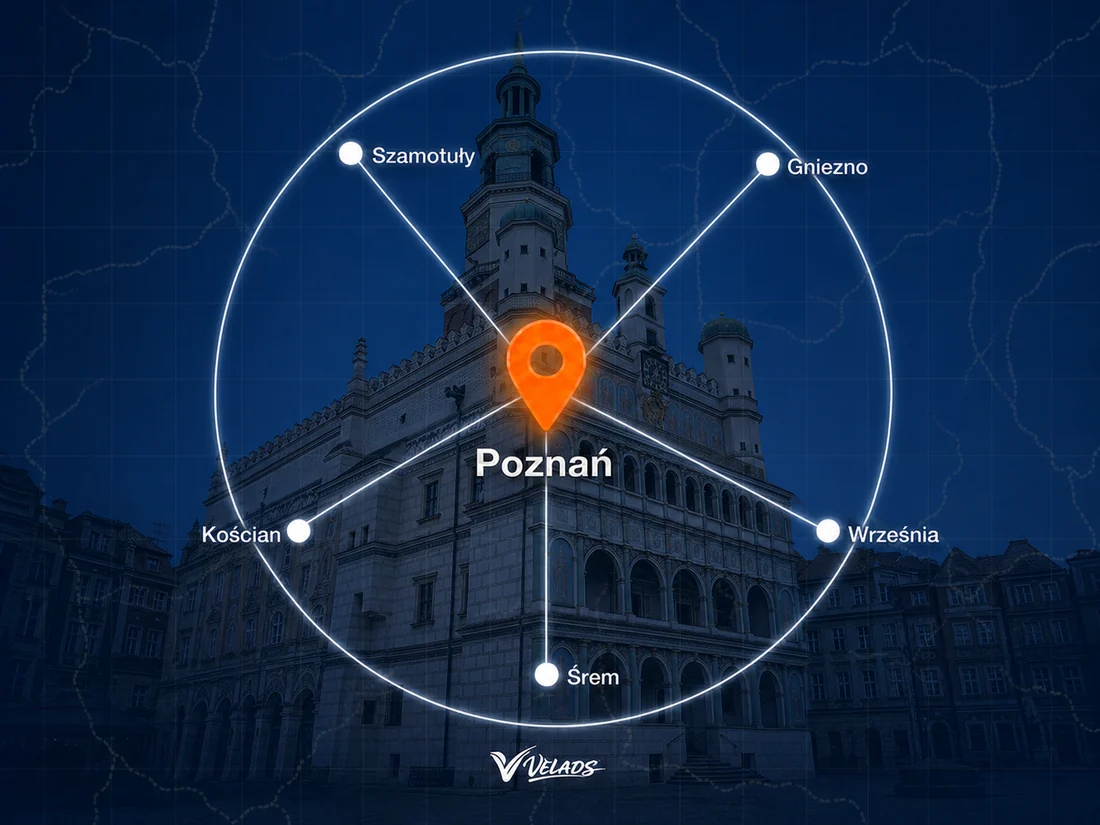 Mapa zasięgu Velads — Poznań i okolice: Swarzędz, Luboń, Komorniki, Tarnowo Podgórne, Kórnik