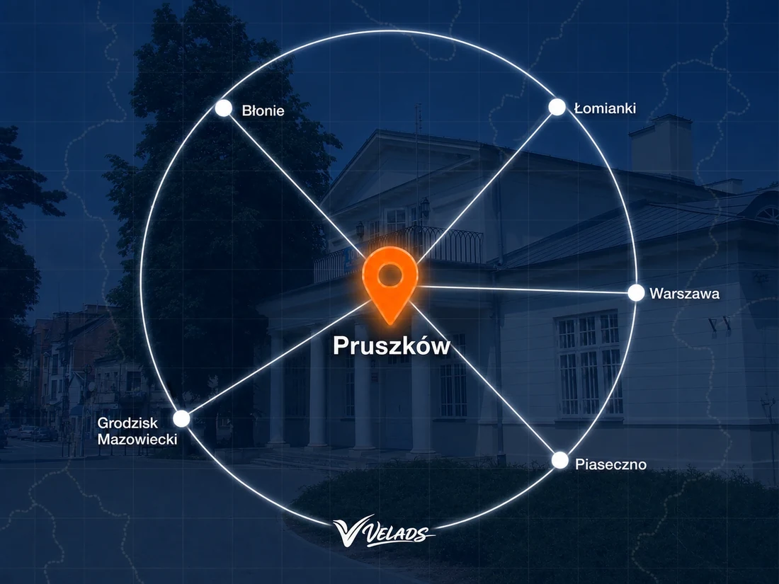 Mapa zasięgu Velads — Pruszków i okolice: Błonie, Łomianki, Warszawa, Piaseczno, Grodzisk Mazowiecki
