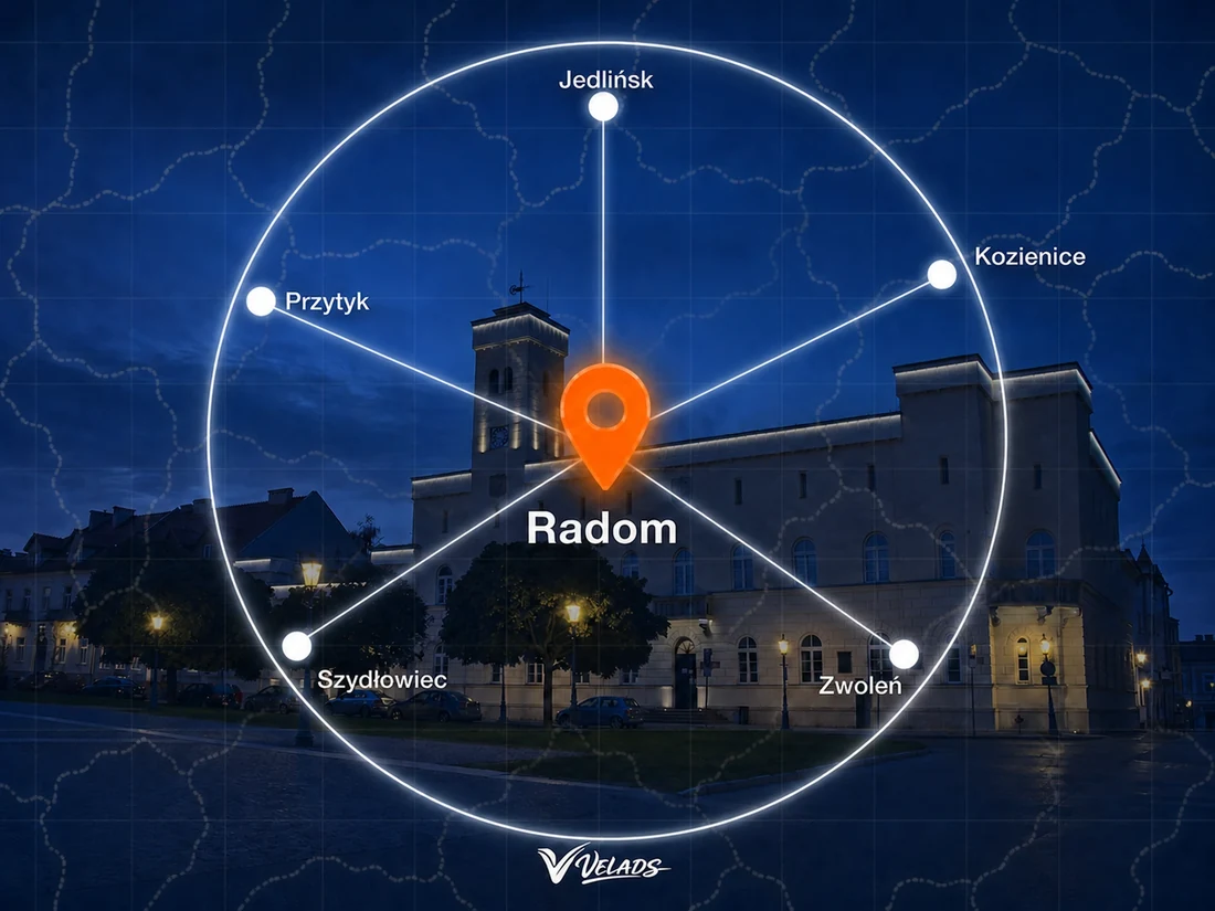 Mapa zasięgu Velads — Radom i okolice: Jedlińsk, Kozienice, Zwoleń, Szydłowiec, Przytyk