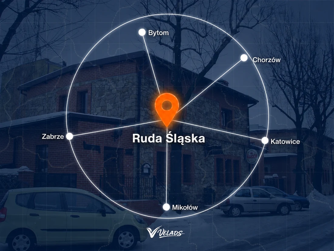 Mapa zasięgu Velads — Ruda Śląska i okolice: Bytom, Chorzów, Katowice, Mikołów, Zabrze