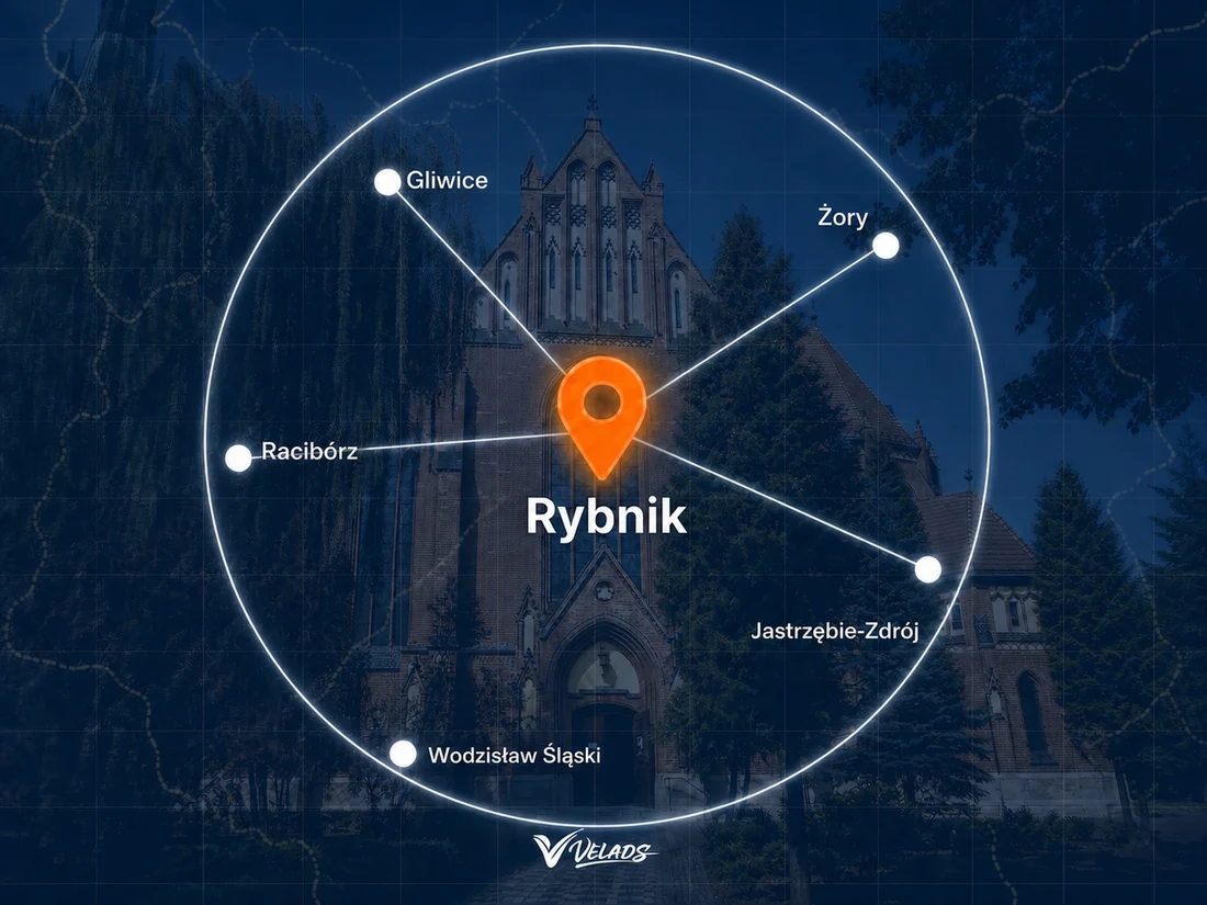 Mapa zasięgu Velads — Rybnik i okolice: Gliwice, Żory, Jastrzębie-Zdrój, Wodzisław Śląski, Racibórz