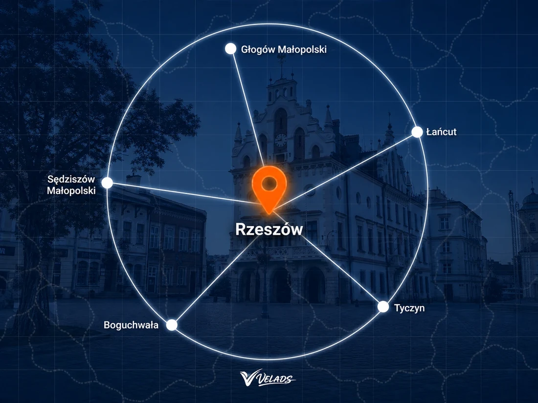 Mapa zasięgu Velads — Rzeszów i okolice: Głogów Małopolski, Łańcut, Tyczyn, Boguchwała, Sędziszów Małopolski