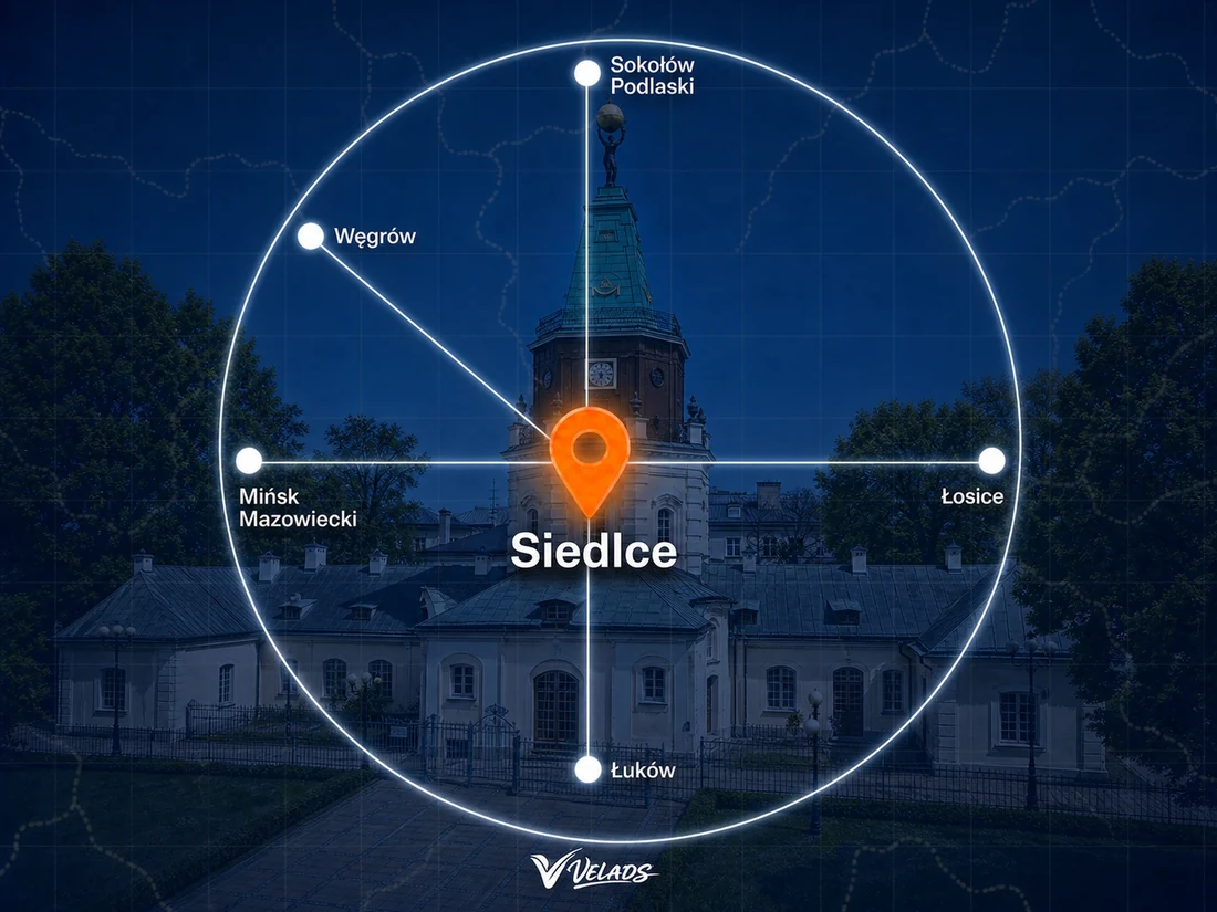 Mapa zasięgu Velads — Siedlce i okolice: Sokołów Podlaski, Łosice, Łuków, Mińsk Mazowiecki, Węgrów