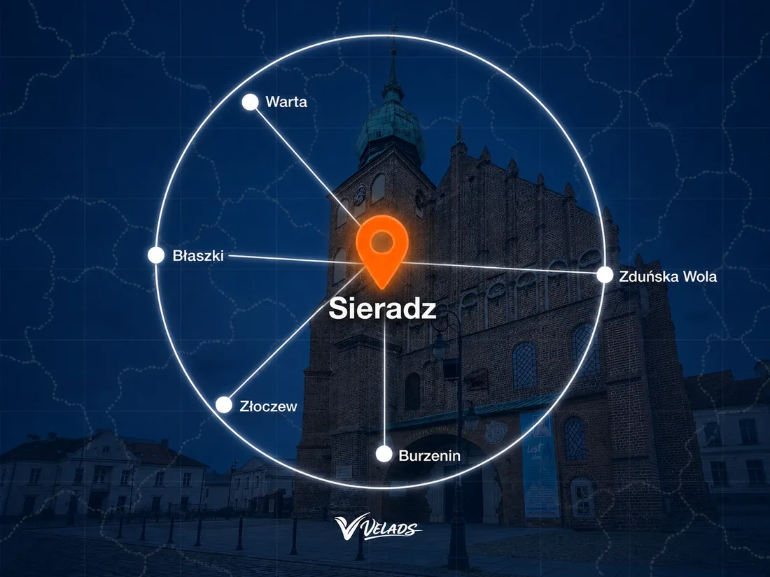 Mapa zasięgu Velads — Sieradz i okolice: Warta, Zduńska Wola, Błaszki, Złoczew, Burzenin