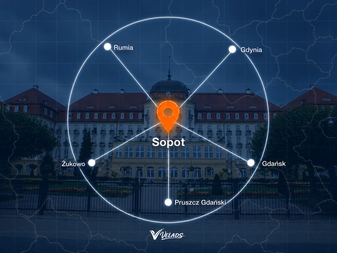 Mapa zasięgu Velads — Sopot i okolice: Rumia, Gdynia, Żukowo, Gdańsk, Pruszcz Gdański