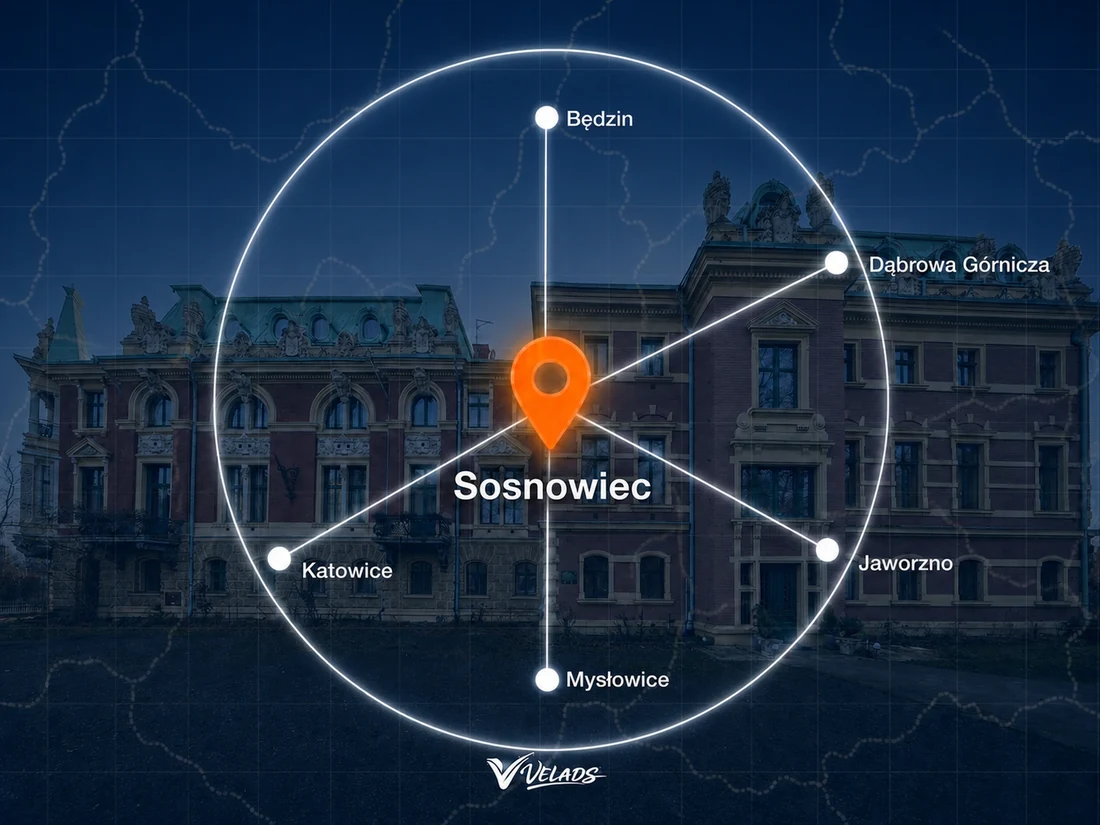 Mapa zasięgu Velads — Sosnowiec i okolice: Będzin, Dąbrowa Górnicza, Jaworzno, Mysłowice, Katowice