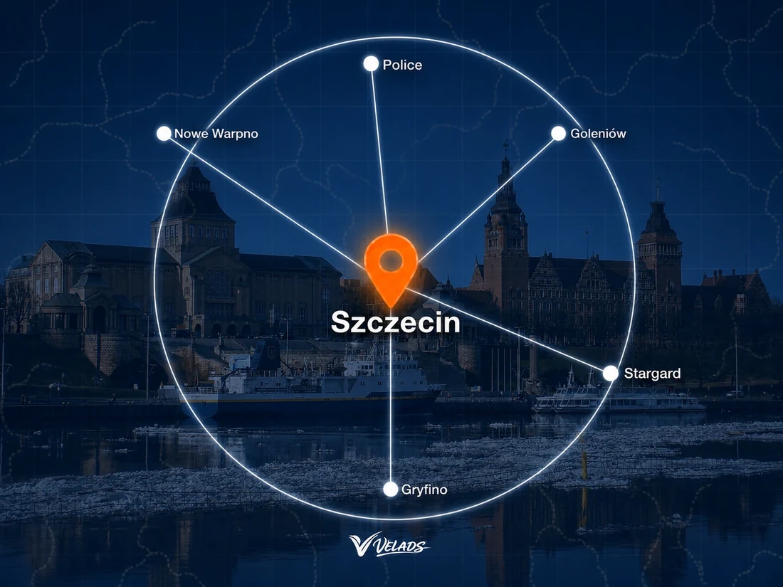 Mapa zasięgu Velads — Szczecin i okolice: Police, Goleniów, Stargard, Gryfino, Nowe Warpno