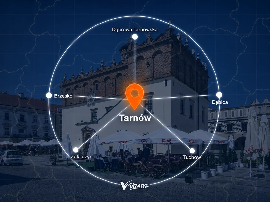 Mapa zasięgu Velads — Tarnów i okolice: Dąbrowa Tarnowska, Dębica, Tuchów, Zakliczyn, Brzesko