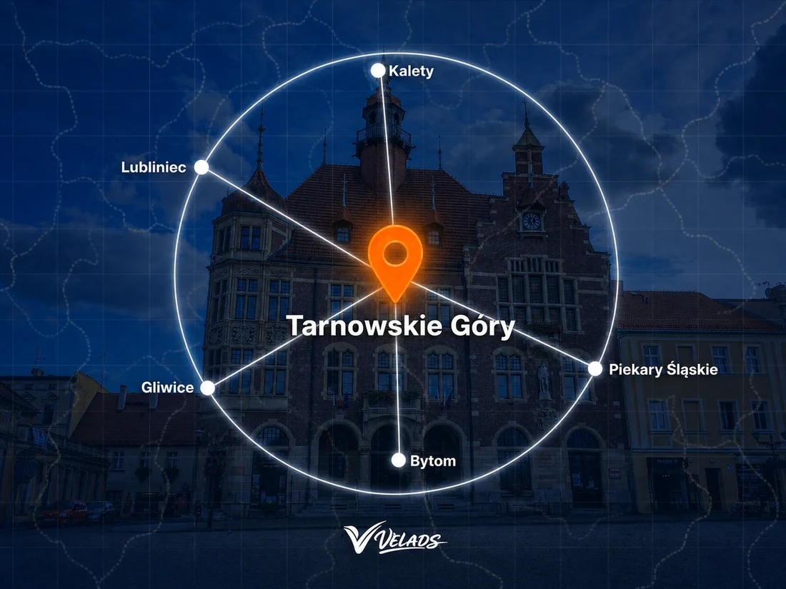 Mapa zasięgu Velads — Tarnowskie Góry i okolice: Kalety, Lubliniec, Piekary Śląskie, Bytom, Gliwice