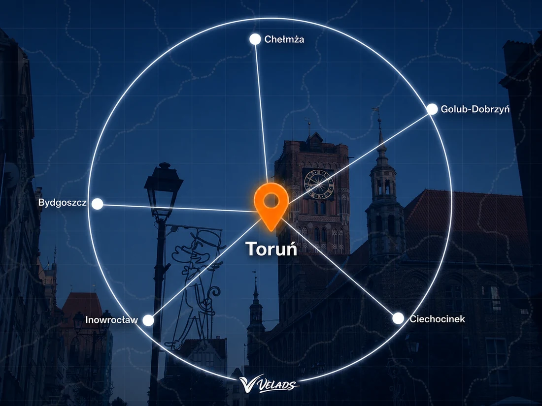 Mapa zasięgu Velads — Toruń i okolice: Chełmża, Golub-Dobrzyń, Ciechocinek, Inowrocław, Bydgoszcz