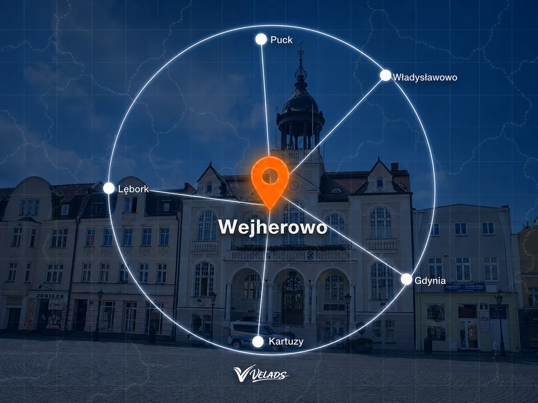 Mapa zasięgu Velads — Wejherowo i okolice: Puck, Władysławowo, Gdynia, Kartuzy, Lębork
