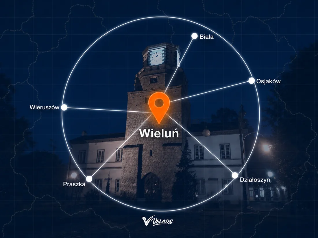 Mapa zasięgu Velads — Wieluń i okolice: Wieruszów, Praszka, Działoszyn, Osjaków, Biała