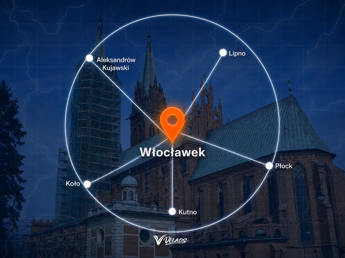 Mapa zasięgu Velads — Włocławek i okolice: Lipno, Płock, Kutno, Koło, Aleksandrów Kujawski