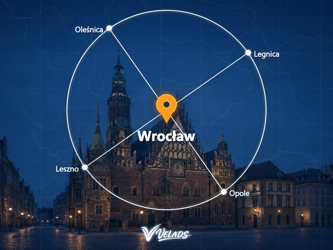 Mapa zasięgu Velads — Wrocław i okolice: Siechnice, Kąty Wrocławskie, Oleśnica, Oława, Trzebnica